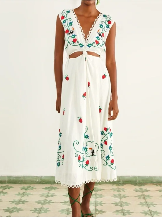 FARM Rio Cross Stitch Toucan Embroidered Midi Dress in Off-White - Picture 1 of 9